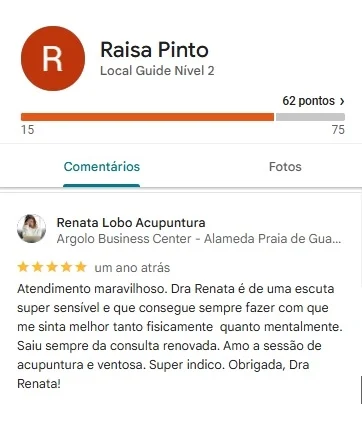 Feedback positivo de Raisa Pinto sobre os resultados da acupuntura realizada em Itapuã.